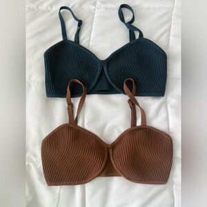 Sculpt Knit Bra Top Ribbed Bralette Set in Blue and Brown
